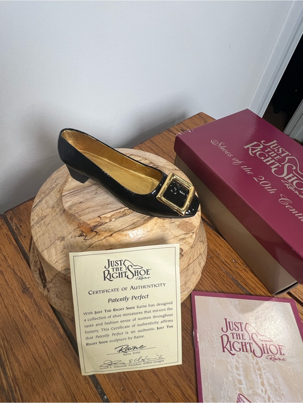 Just The Right Shoe Black Patent Low Heel Pump with Gold Buckle Accent